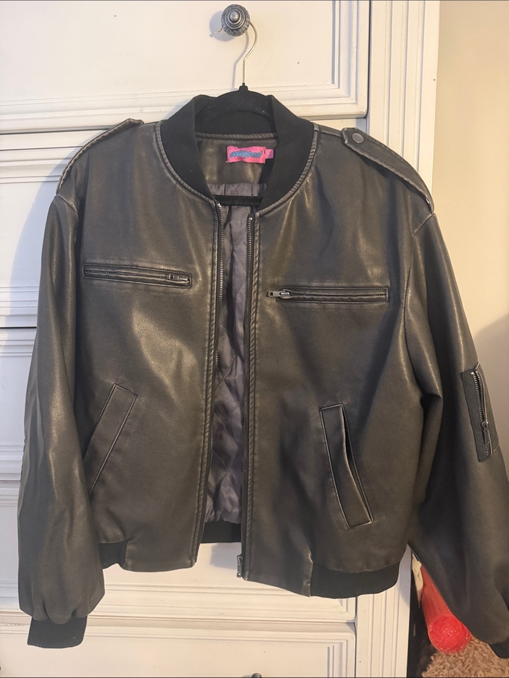 Brown Faux Leather Bomber Jacket with Zip Pockets